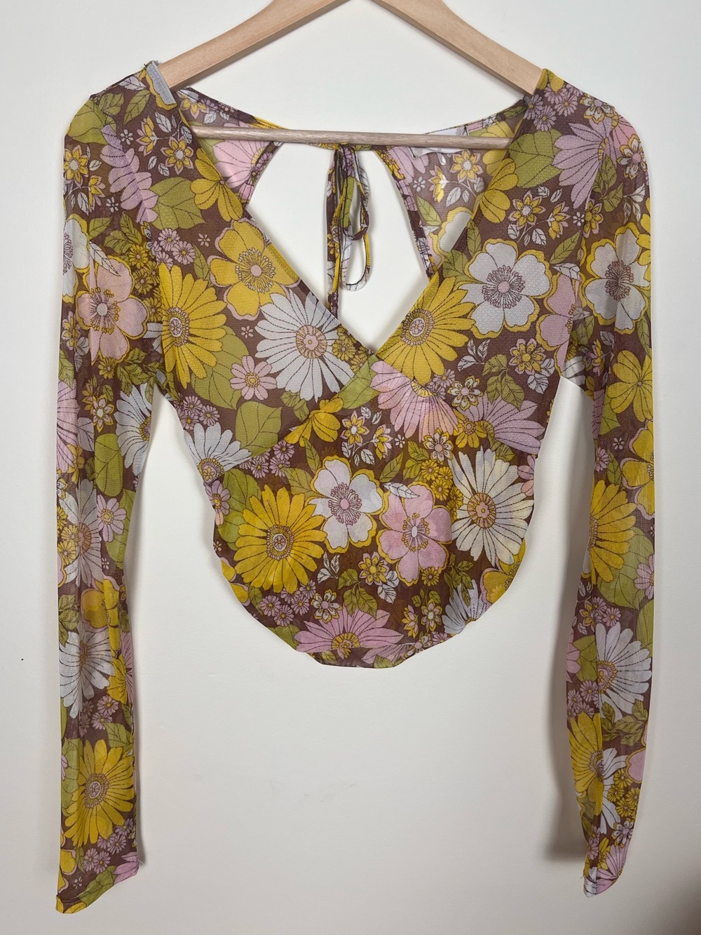 Altar'd State Retro Groovy Floral Mesh Crop Top Long Sleeve Tie Back